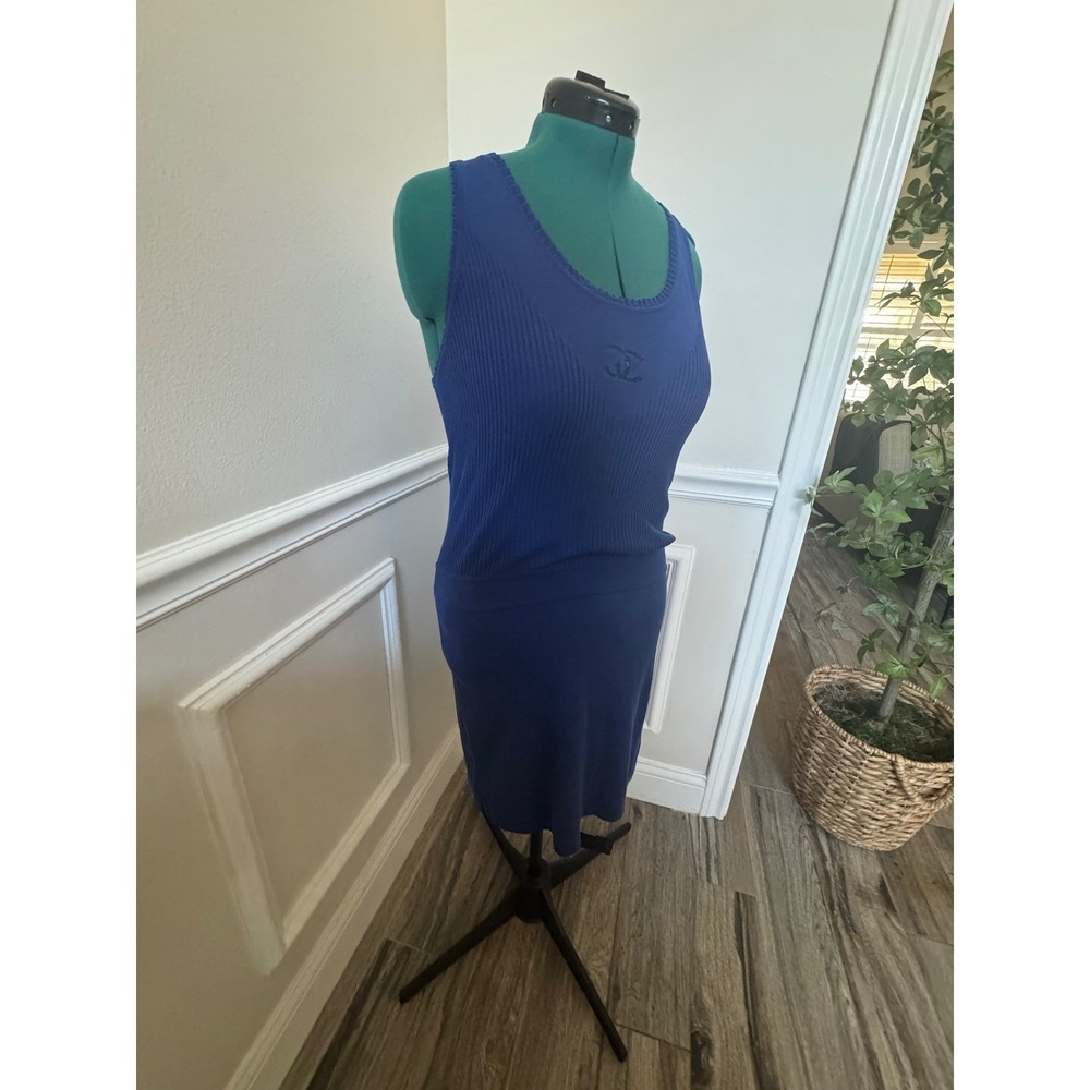 Chanel Vintage Blue Ribbed Knit CC Logo Lion Button Dress US 6/8 EU42 Luxury - Picture 10 of 16